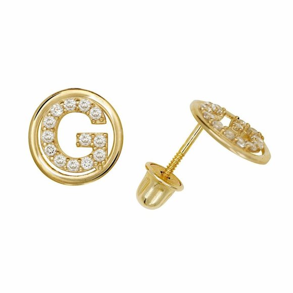 14K Solid Yellow Gold 8mm Letter Initial Halo CZ Stud Alphabet Earrings - Picture 8 of 15